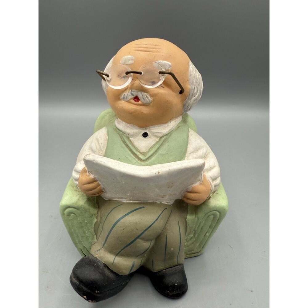 Vintage Grandpa Reading Coin Bank Old Man Figurine Glasses Chair 9” Ceramic